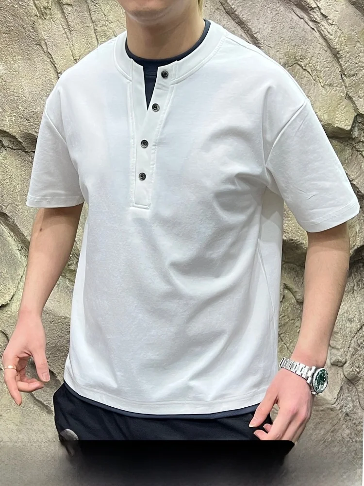 

Классическая мужская футболка с воротником Хенри, дышащая, эластичная, модная, с коротким рукавом, имитация двухслойности, хлопок, полиэстер.