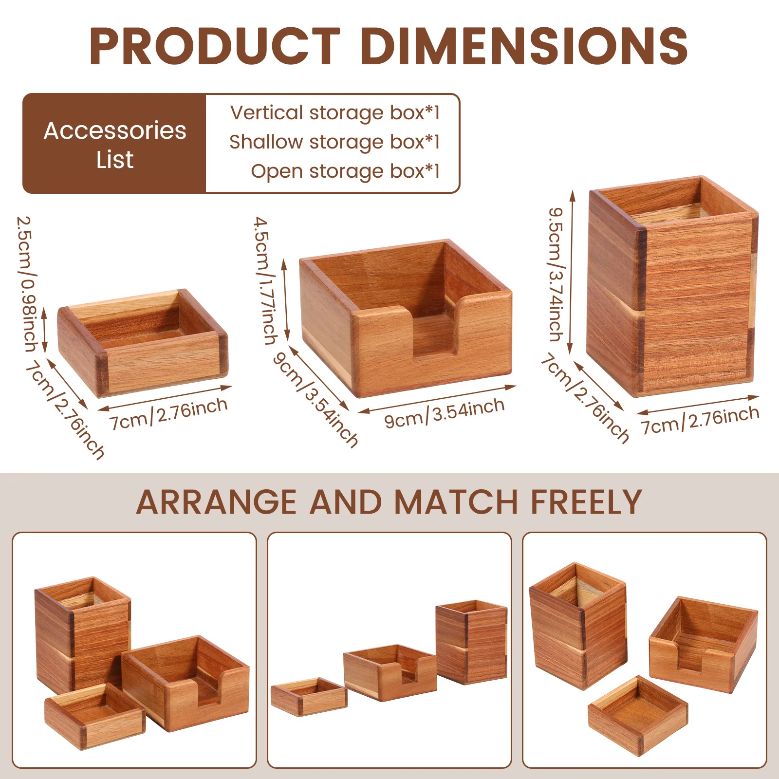 Set of 3 Wood Office Desk Organizer Set Compact Desk Sorted Storage Box Pen Holder Sticky Note Holder and Paper Clip Storage Box