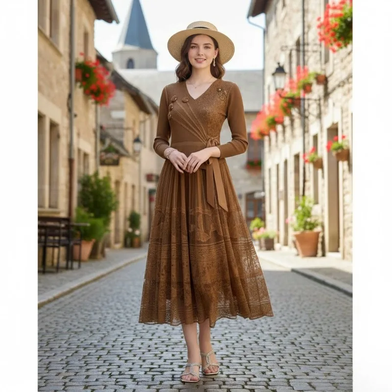 

Miyake Высококлассные плиссированные платья больших размеров Plisse Fold 2026, весенние новые модные элегантные женские плиссированные платья с кружевной талией