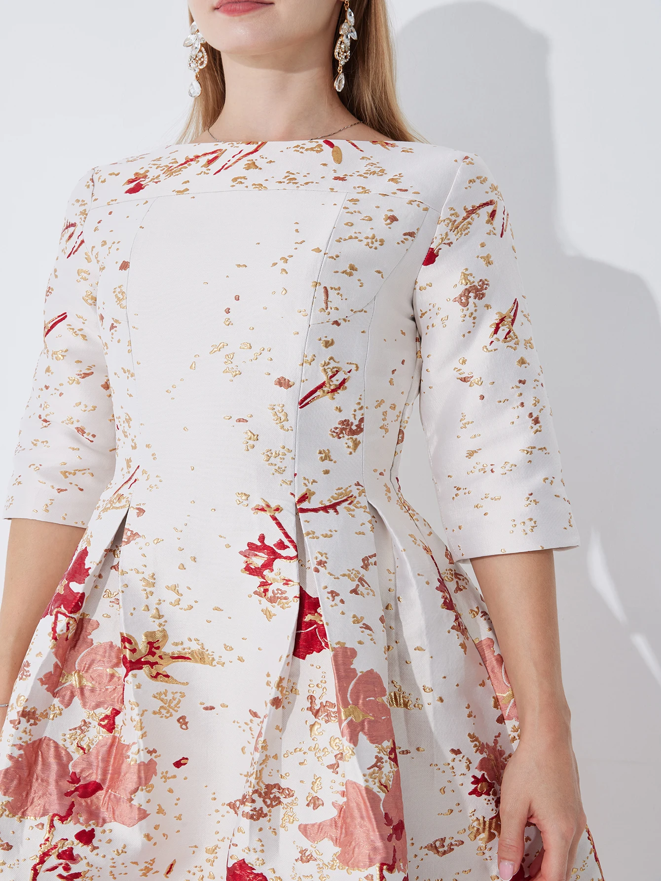 DEVCHATA Women's Floral Party Dress Luxury Mid-Long Jacquard O-neck Ladies Fashion Spring Formal Dress Elegant Vestidos
