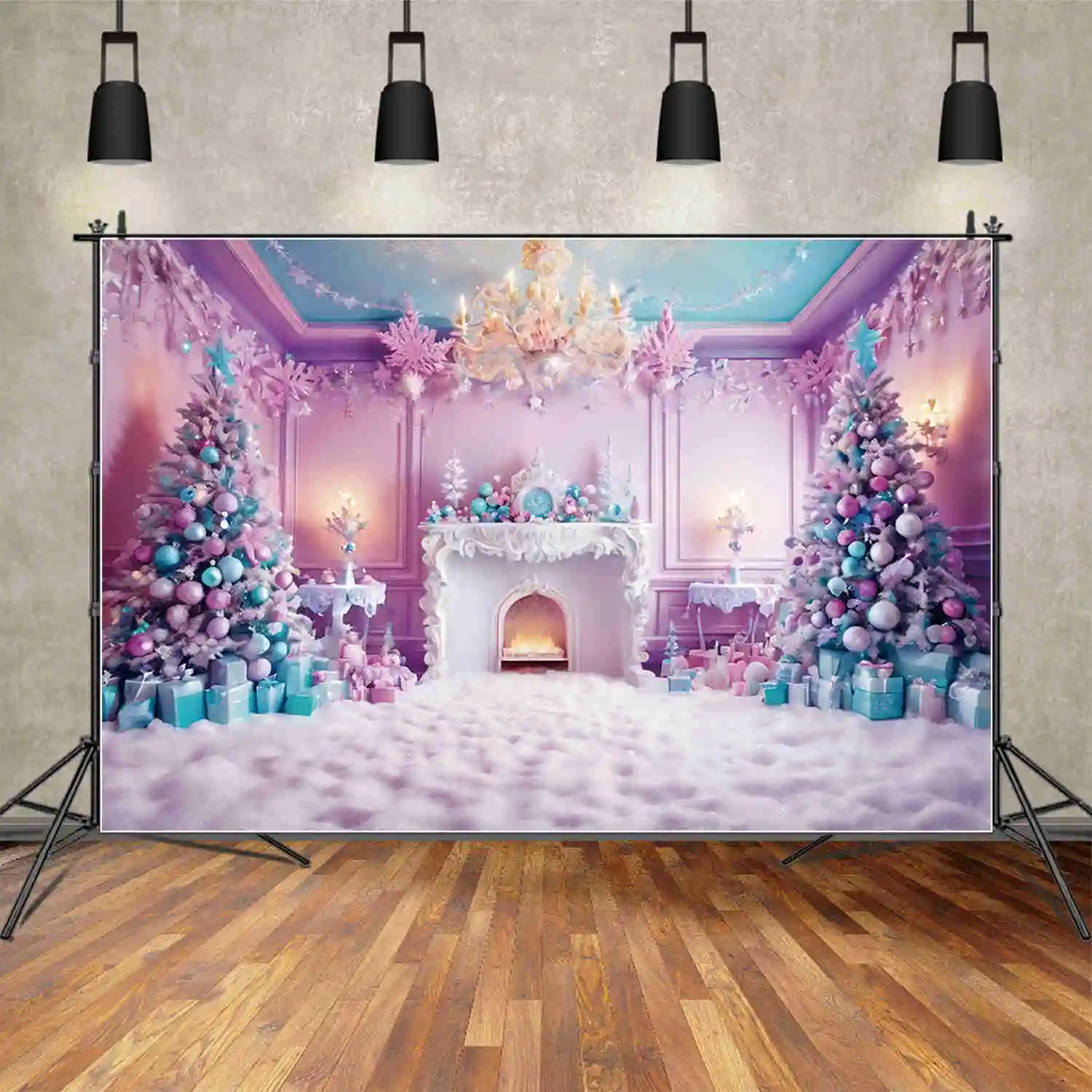 MOON.QG Christmas Blue Pink Christmas Tree Backgrounds Fireplace Princess Ornamented Tree Western Backdrop Party Photozone Props