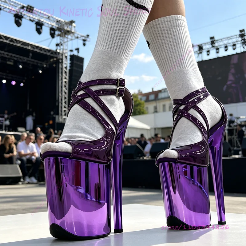 Deep Purple Crystal Mirror 9 Inch 23cm Sandals Women Pole Dancing Straps Buckle Ankle Heels Platform Stiletto Heels Stage Shoes