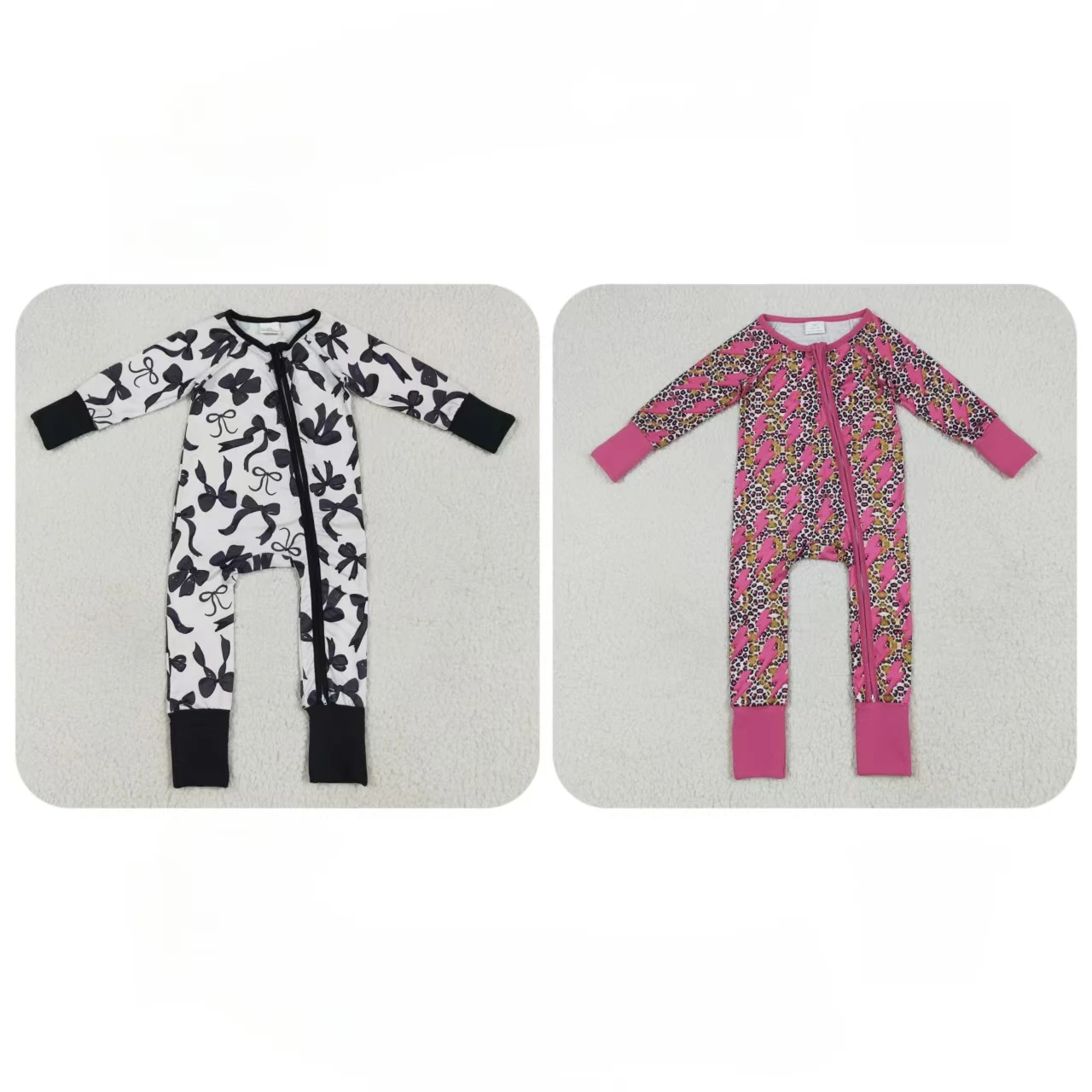 Wholesale Toddler Kids Wear Newborn Coverall Bodysuit Infant Children Long Sleeves Pajamas Baby Girl Leopard Bows Zipper Romper