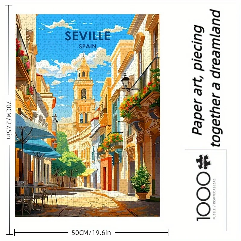 1000pcs Vintage Seville Street Scene Jigsaw Puzzle - Spanish Riviera Travel Poster Style, High-Quality Cardboard, Colorful & A