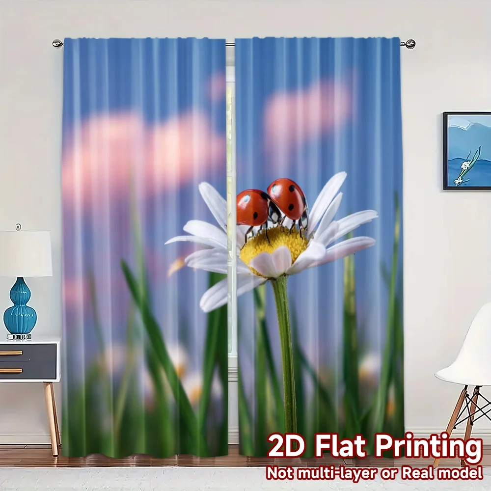 2pcs, 2D FLAT PRINTING Curtains (Without Rod) Daisy Visitors Pattern Chic Curtains Versatile Durable Polyester Curtains Art Deco