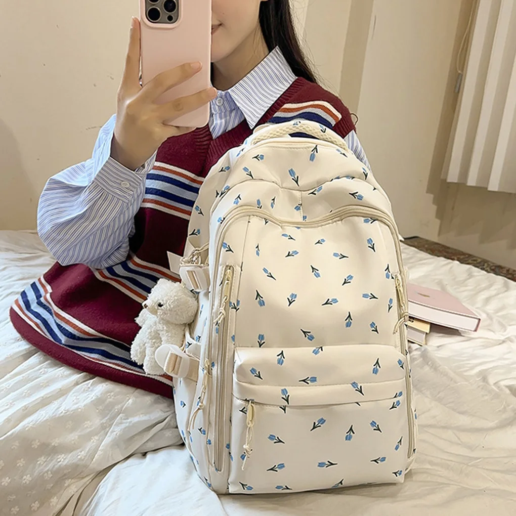 2025 Nylon Backpack New Simple And Fresh Large Capacity Backpack For Junior High School Students Small Floral Backpack