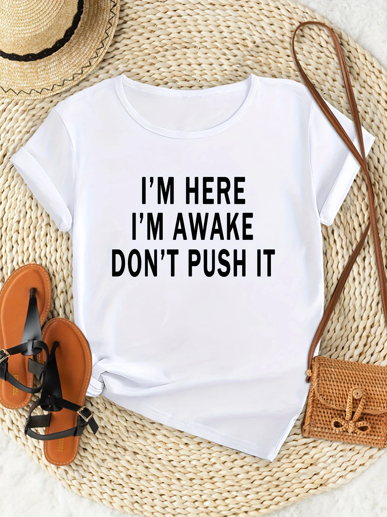 

Women's Casual Sporty T-Shirt "I'M HERE I'M AWAKE DON'T PUSH IT" Letter Comfort Fit Short Sleeve Tee Fashion Breathable Casual