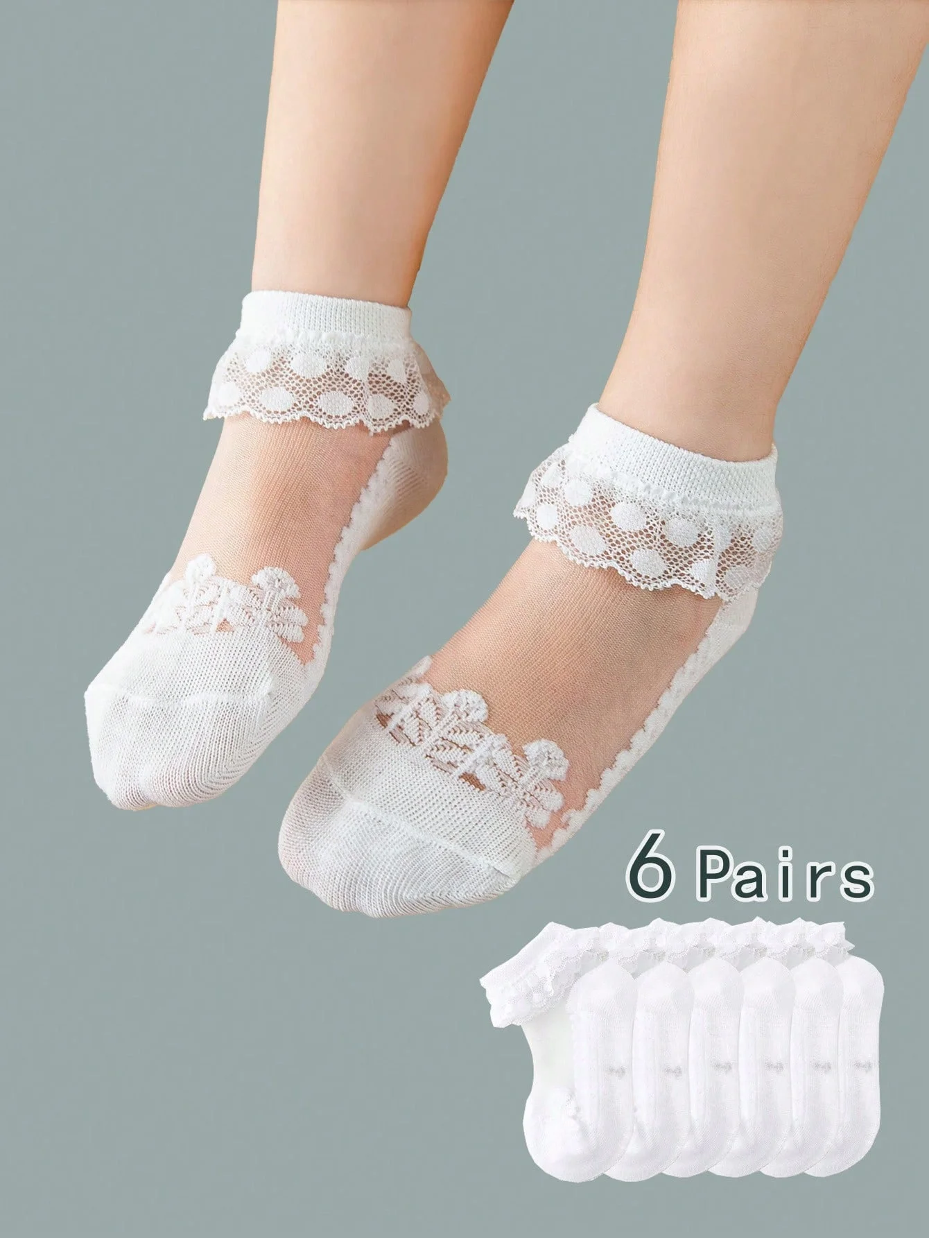 6 Pairs of Girls' Crystal-Silk Short Socks with Lace-Edged, Soft, Cute, and Ladylike Design Are Suitable for Girls' Summer Daily Wear
