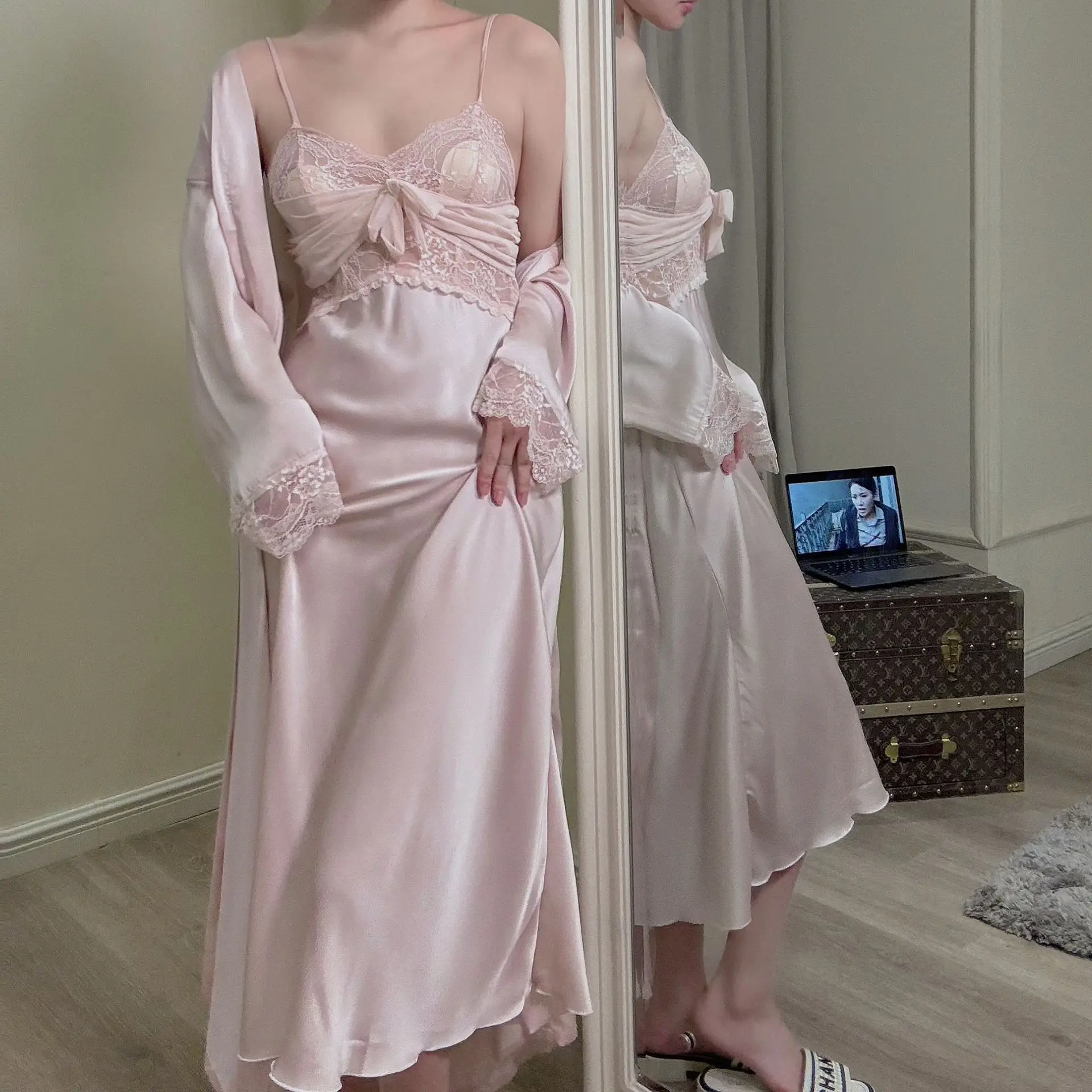 Palace Style Nightgown Pink Robe Set Vintage Sling Homewear Women Satin Kimono Bathrobe Sexy Lace Patchwork Nightdress