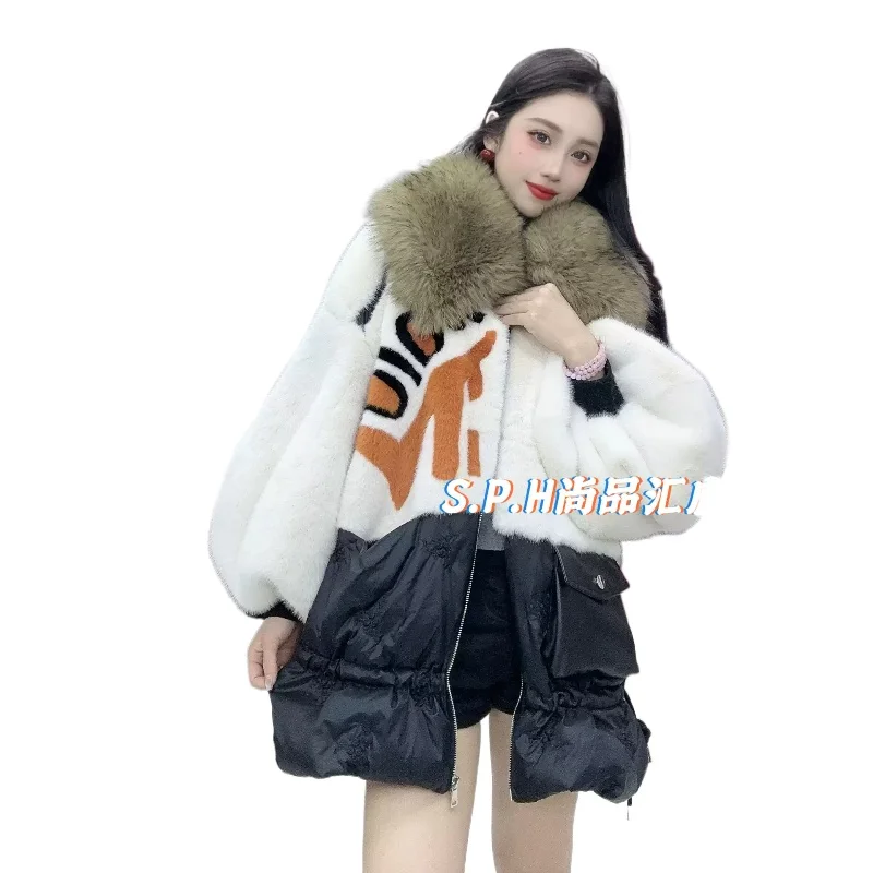 Faux Fur Splicing Drawstring Down Jacket Lapel Collar Fur Collar Mid Length Faux Fur Jacket Women Winter Clothes Fashion Coats