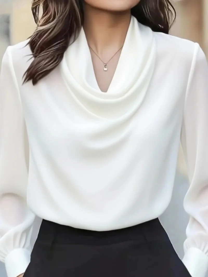 Autumn fashion elegant temperament solid colour simple swing collar long-sleeved shirt women