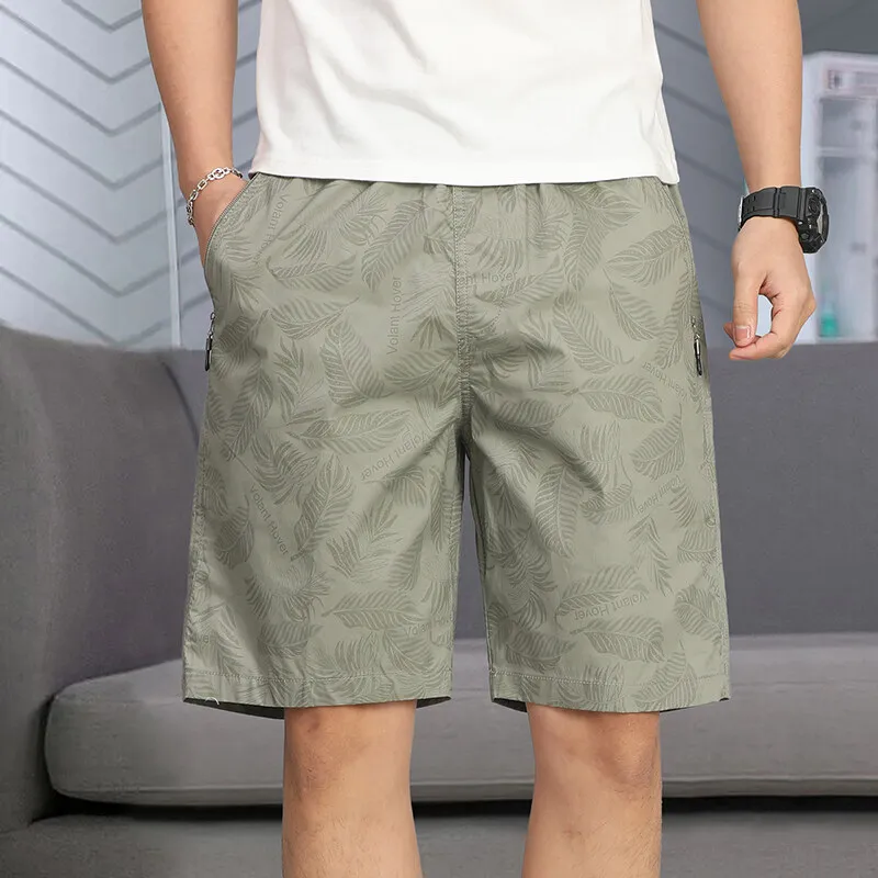 

Men's Summer Zipper Pockets Shorts Lightweight Elastic Waist Cotton Shorts Men Printed Beach Shorts Relaxed Fit Running Short