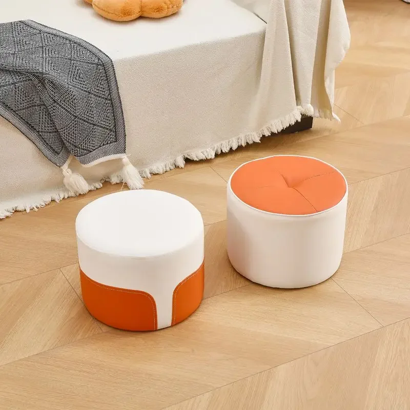 

Small Low Round Stools Simple Living Room Furniture Ottomans Doorstep Shoe Changing Stools Tea Table Side PU Leather Pedal Stool