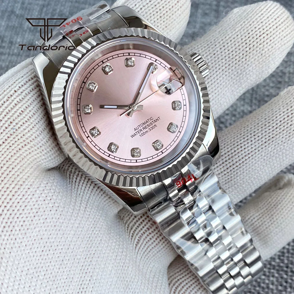 Tandorio Sapphire Pink Sunburst Steel 36mm NH35 Automatic Watch for Lady Diamond Marks 39mm Men Wristwatch Date Lume Mechanical