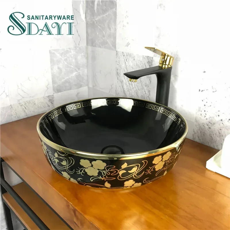 

YYHC-around shape luxury black golden color wash basin sink vessel for bathroom