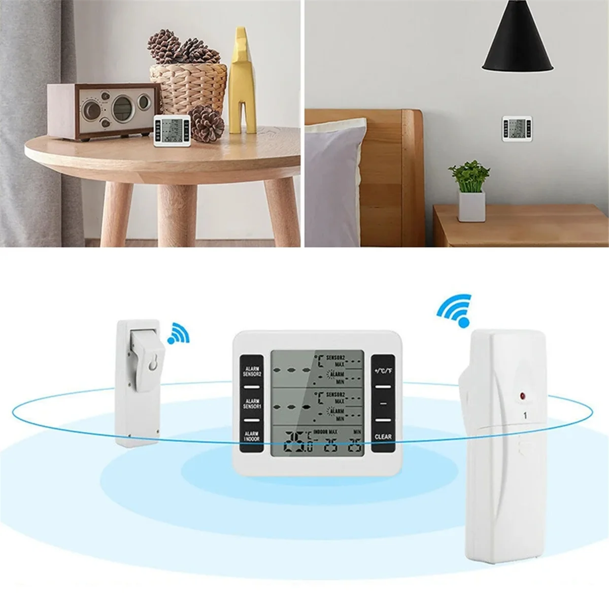 1Set Wireless Freezer Thermometer 2 Remote Sensors Alarm Low Temperature Refrigerator Thermometer Clock