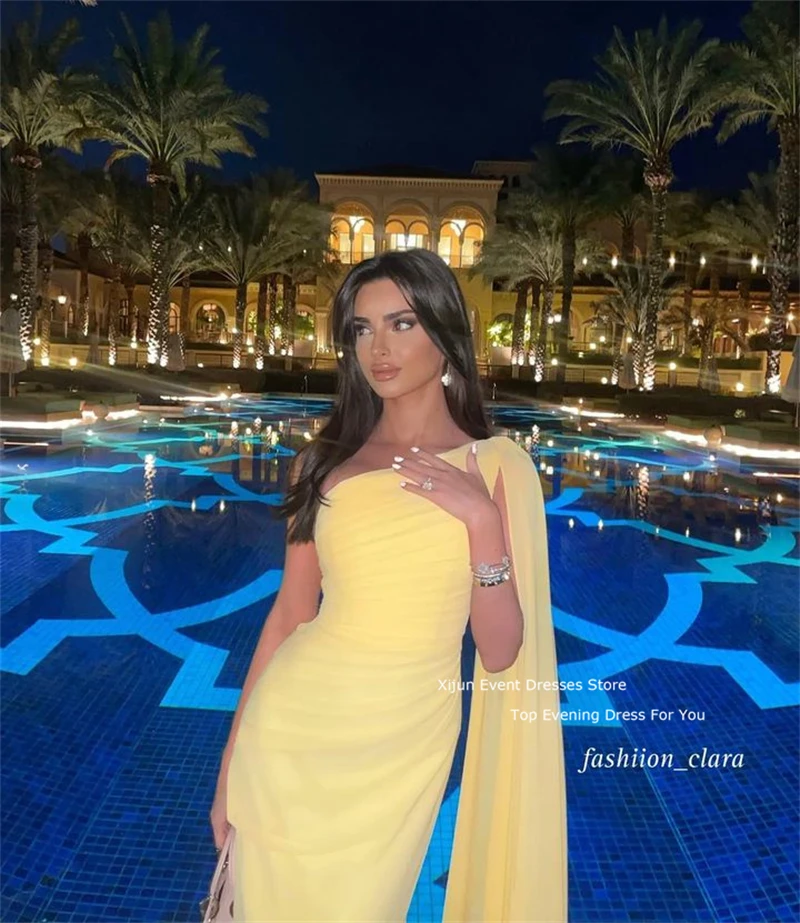 Xijun-Vestido de chiffon de um ombro, Vestidos de baile, Dubai Prom Dress, Arábia Saudita Tecido, Vestido de festa ocasional, Bebê, Amarelo, 2023