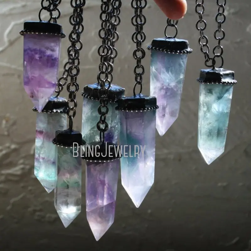 

NM40774 Rainbow Crystal Tower Necklaces Fluorite Point Talisman Witch Pendulum Obelisk Necklace Halloween Jewelry