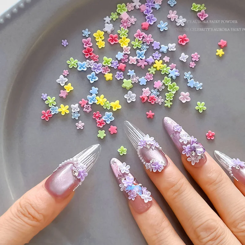 50Pcs 3D Transparent Macaron Color Nail Art Jewelry Small Fresh Five Petal Flower Mini Egg Flower Design for Beauty Enthusiasts
