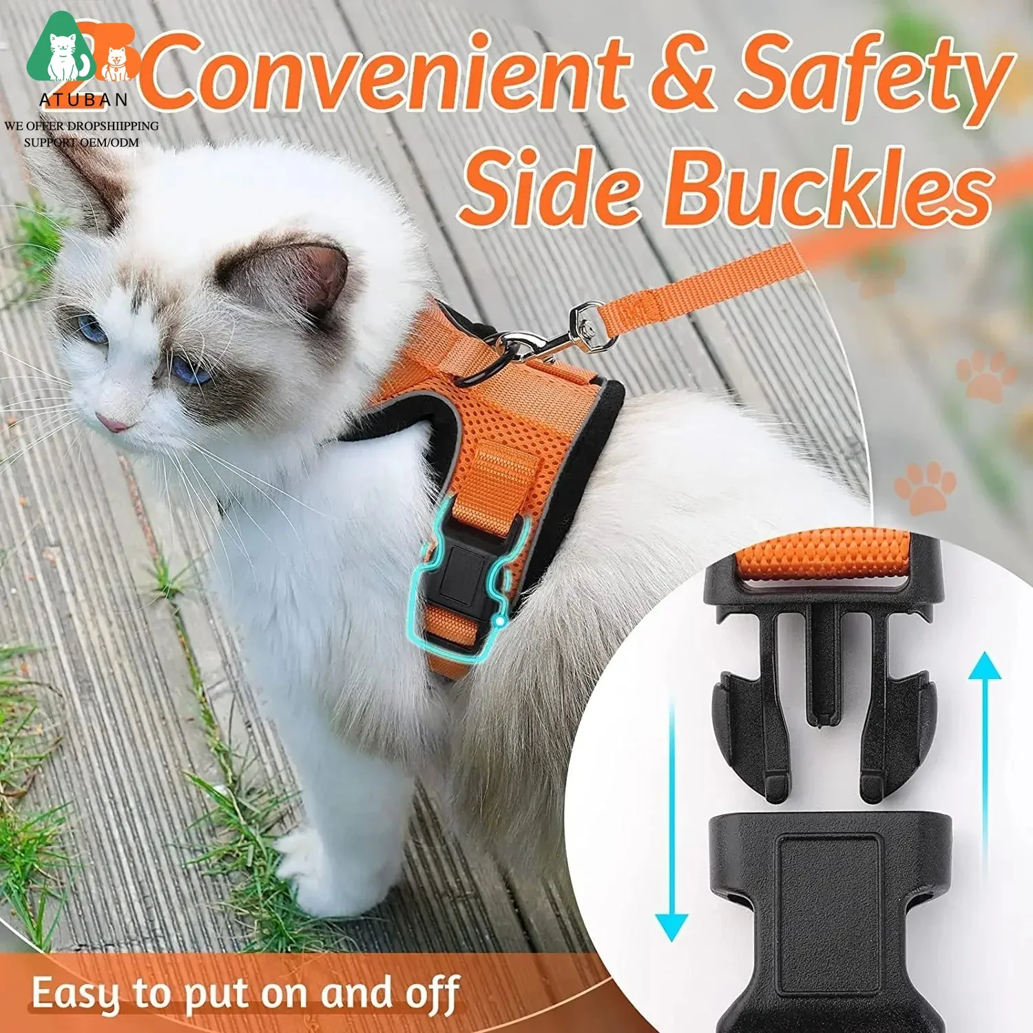 ATUBAN Cat Harness and Leash for Walking,Escape Proof Soft Adjustable Vest Harnesses for Cat,Breathable Reflective Strips Jacket