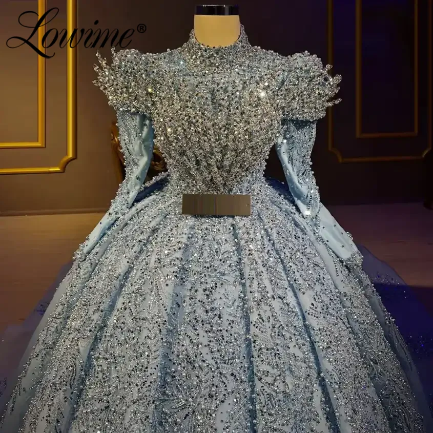 

Puffy Light Blue Muslim Dubai Women's Formal Evening Dresses Luxury Glitter Beaded Crystals Long Sleeve Wedding Prom Party Dress