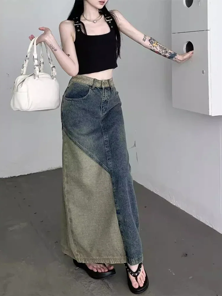 

New in Spring Autumn Women Fashion Vintage High-waisted Slimming Medium-length Color Blocking Denim Skirt for Women Clothing