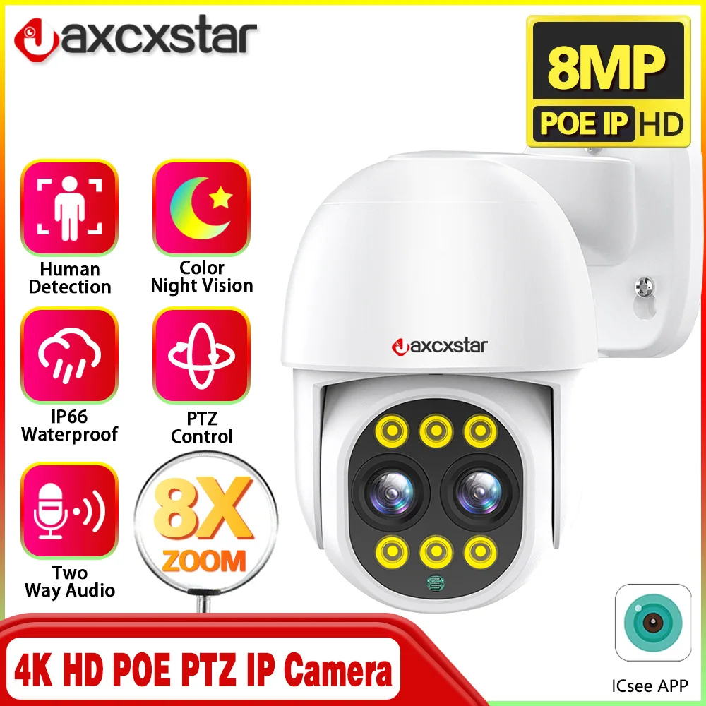 

8MP 4K Dual Lens POE IP Camera 8X Zoom PTZ Dual Screens Smart Home 360° Wired Video Surveillance IP Camera Human Detection CCTV