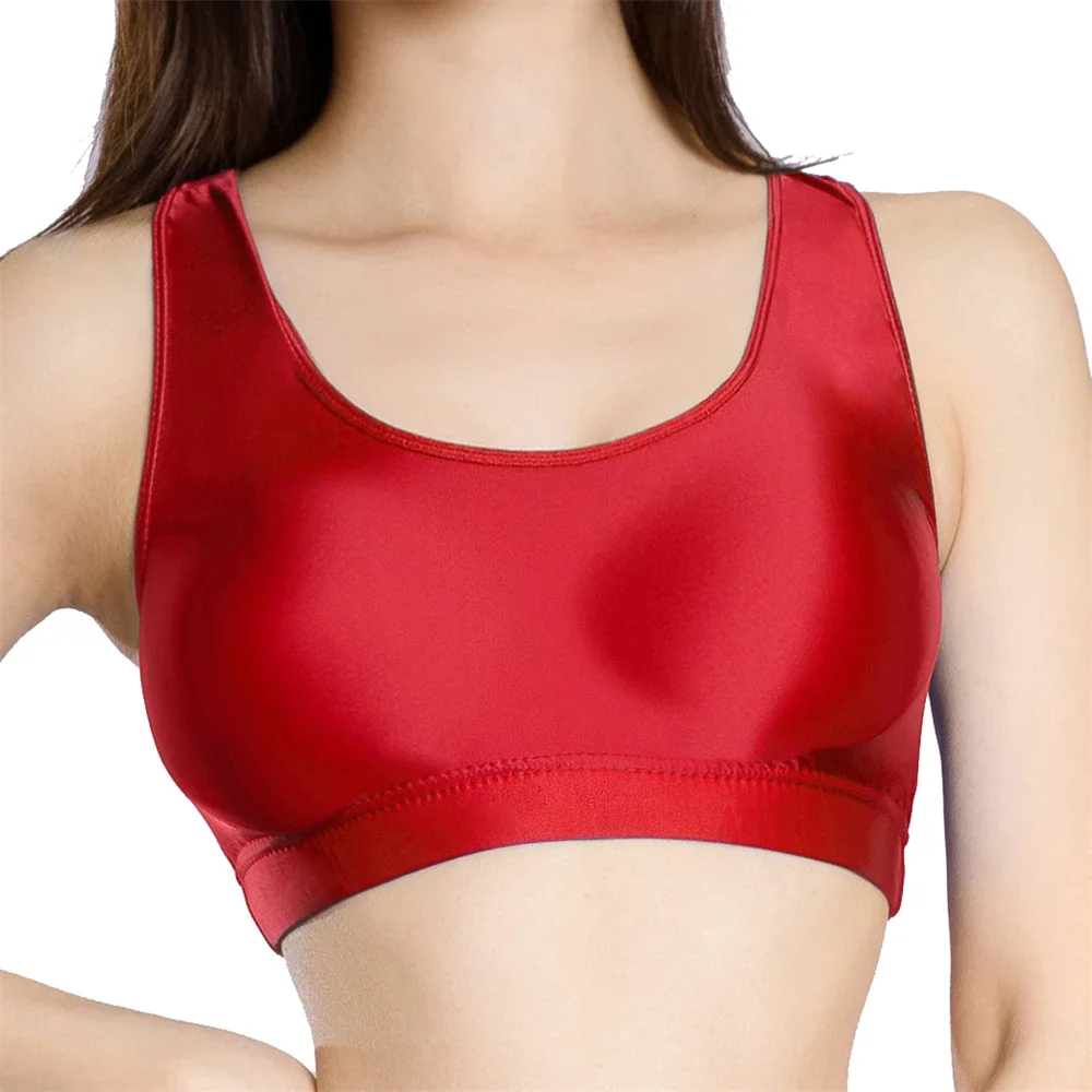 Sexy Women Solid Color Oil Glossy Shiny Short Vest Tank Tops Gym Sports U Neck Bra Tanks Yoga Sleevelss Mini T-Shirts Crop Tops
