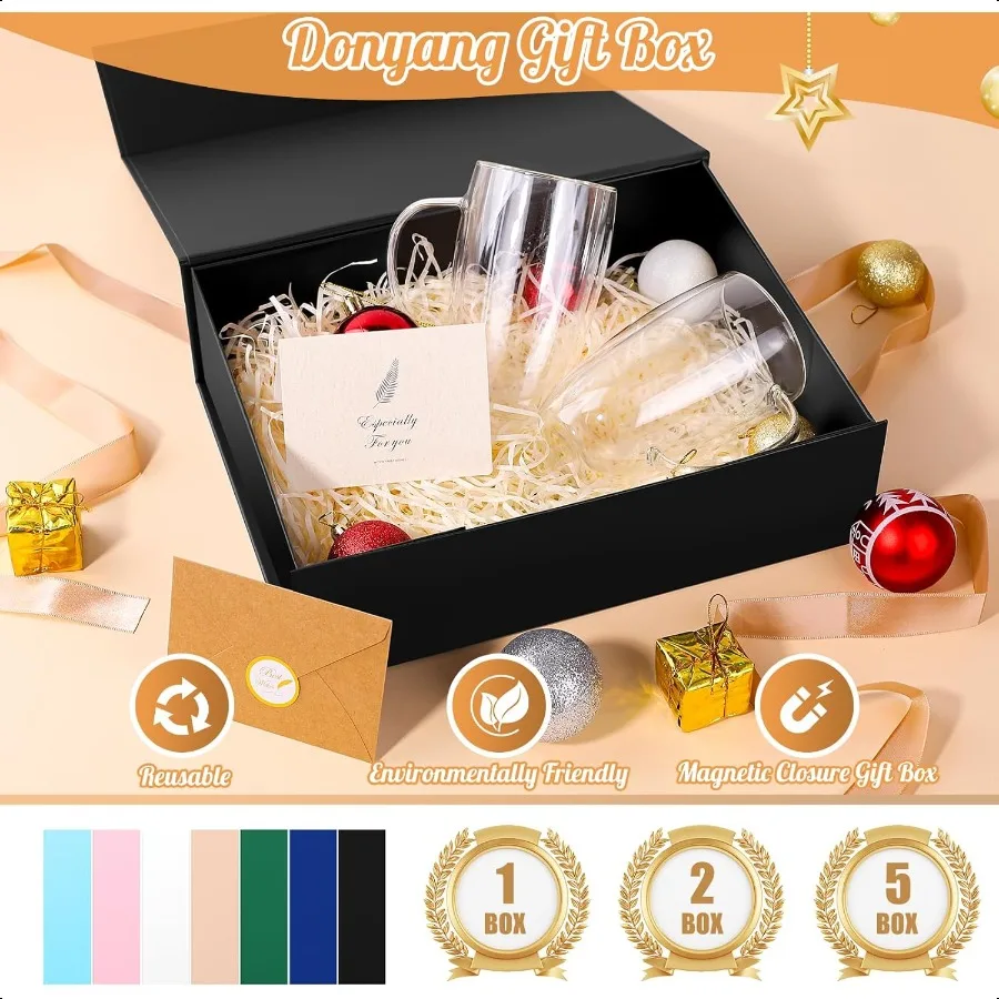 Geschenkbox 13 x 10 x 4 Zoll, große schwarze Geschenkbox mit Magnetdeckel für Geburtstagsgeschenke, enthält Kartenband, geschredderter Papierfüller