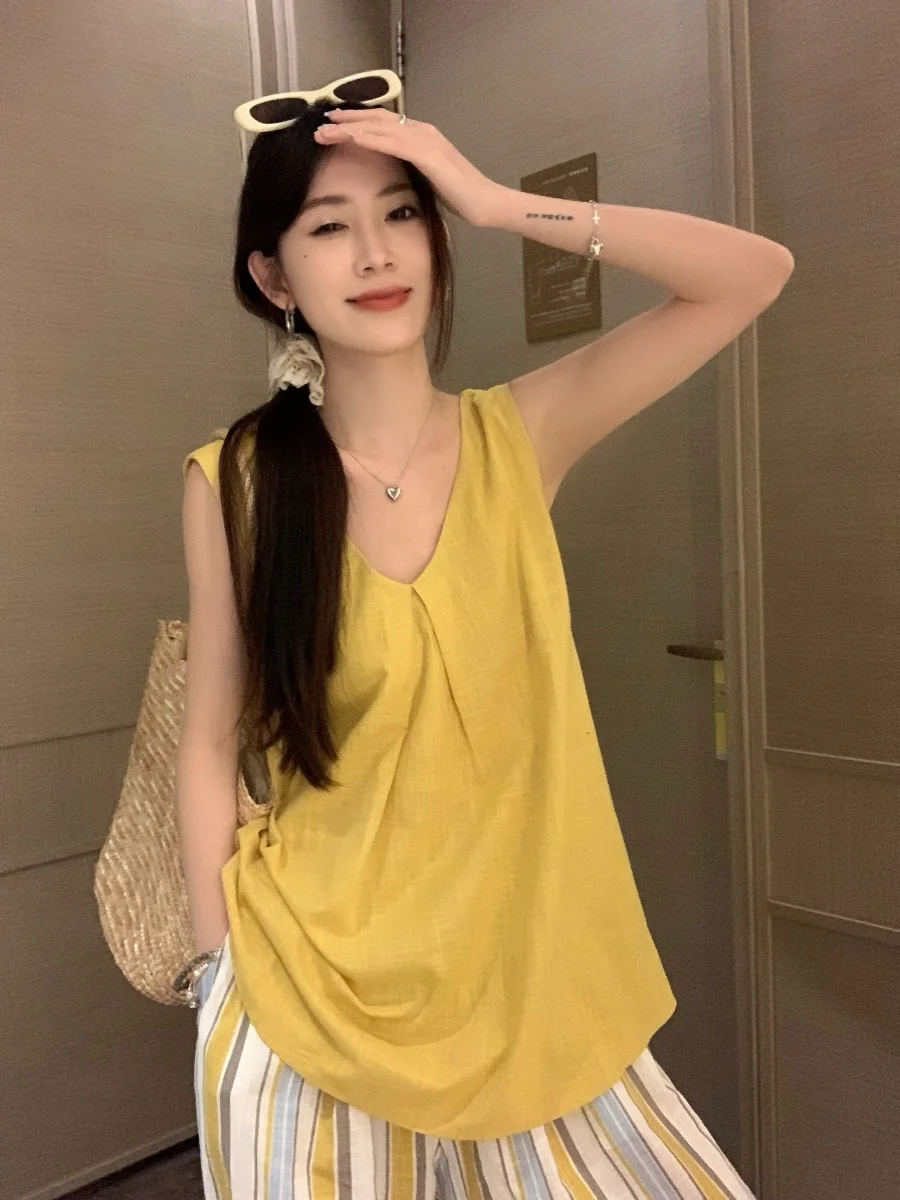 Yellow Lazy Retro Style Women's Summer 2025 New Korean Version Sleeveless Striped Wide Leg Pants Two-Piece Set Fashionable