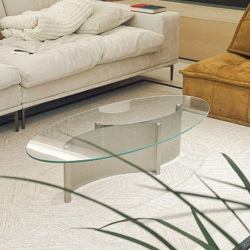 Living room ultra-white glass oval minimalist coffee table stainless steel modern Italian medieval coffee table 4