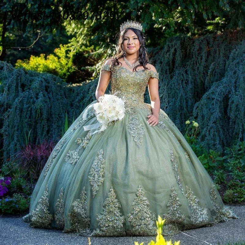 EVLAST Dostosowana suknia balowa Sage Quinceanera Złota koronkowa aplikacja z koralików Kryształowy gorset Sweet 16, Vestidos De 15 Años TQD849