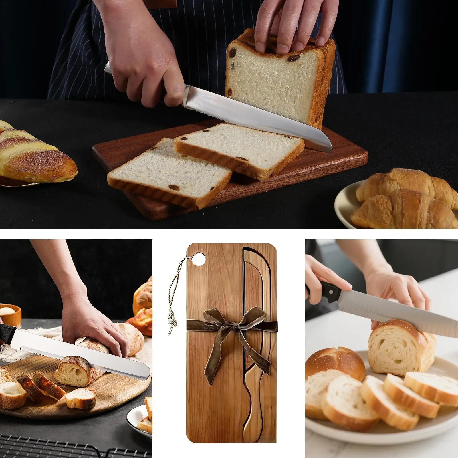 Bread Cutter For Sourdough Portable Wood Tray Wood Bread Serving Tray Set For Left And Right Hands Bagels French Baguettes Home - view 3