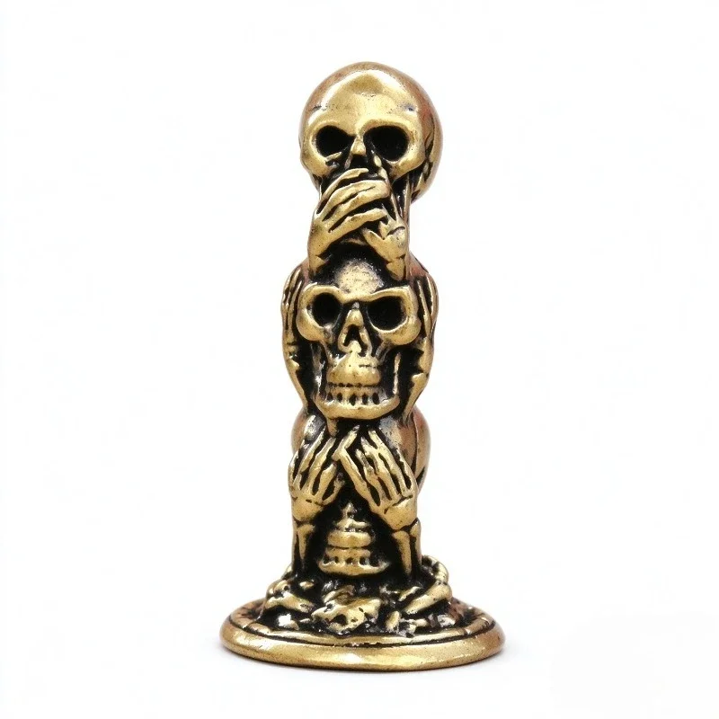 Brass Three No Skull Figurine, Hear No See No Speak No Evil Skeleton Statue, Retro Metal Desktop Ornament, Brass Craft Gift