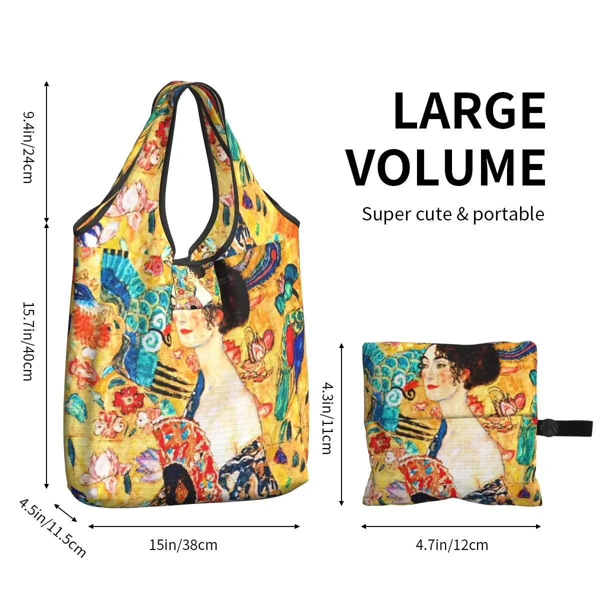 Gustav Klimt-Sacos de compras reutilizáveis com ventilador para senhora, sacolas ecológicas e leves, dobráveis ecológicas, capacidade de peso, 50lb