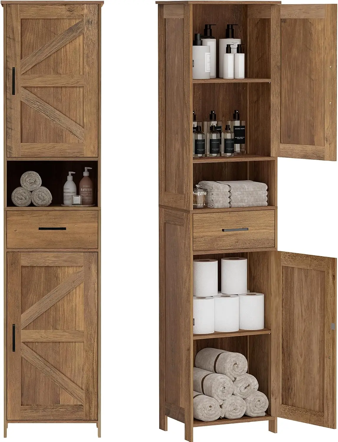 

Tall Bathroom Storage Cabinet with 2 Barn Doors and Drawer, Narrow Floor Cabinet with Adjustable Shelves for Bathroom, Living