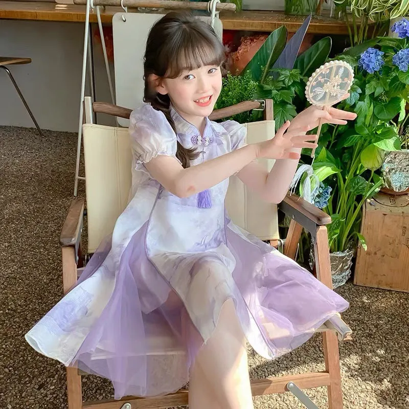 Girls' Hanfu Qipao Dress Summer Dress 2026 New Chinese Children's Cheongsam Dress Kids' Short Sleeved Breathable Dress LJ640