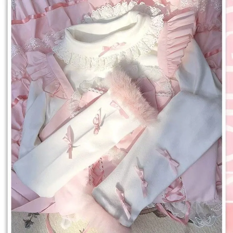 Camicetta giapponese rosa Lolita Kawaii donna O-collo bianco coreano dolce camicetta carina manica lunga principessa camicetta elegante inverno 2023