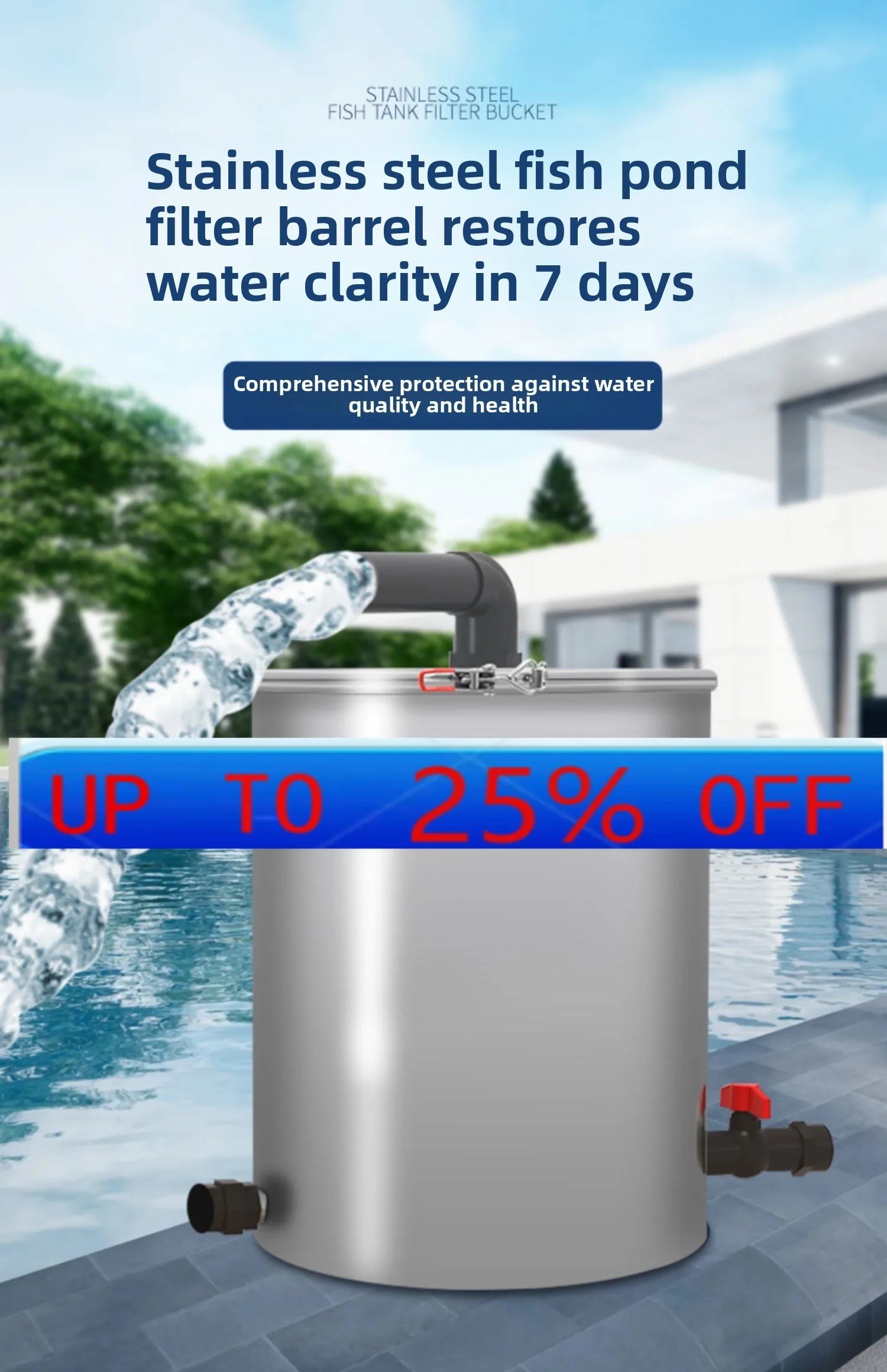 

Lhh fish pond filter water circulation system stainless steel filter barrel rockery waterfall filter