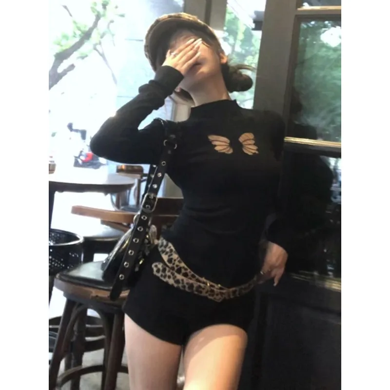 

American Subculture Hollow-out Design Long Sleeve T-shirt Autumn New Harajuku Black T Shirts Women's Y2k Sexy Slim-fit Base Tops