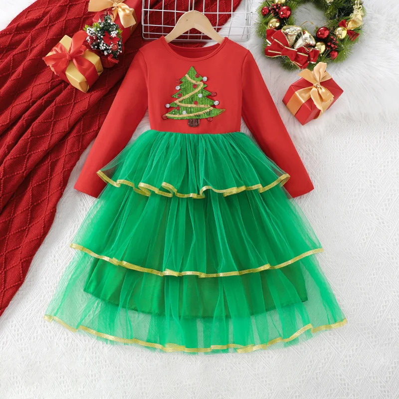 

New Spring and Autumn Girls' Dress Christmas Tree Decoration Festive Atmosphere Three-Layer Tulle Dress
