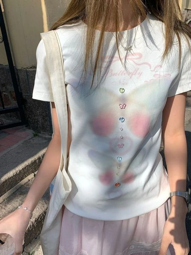 

Deeptown White Butterfly Graphic Print T-Shirts Women Sweet Aesthetic Short Sleeve Korean Fashion Tees Cutecore Slim Casual Chic