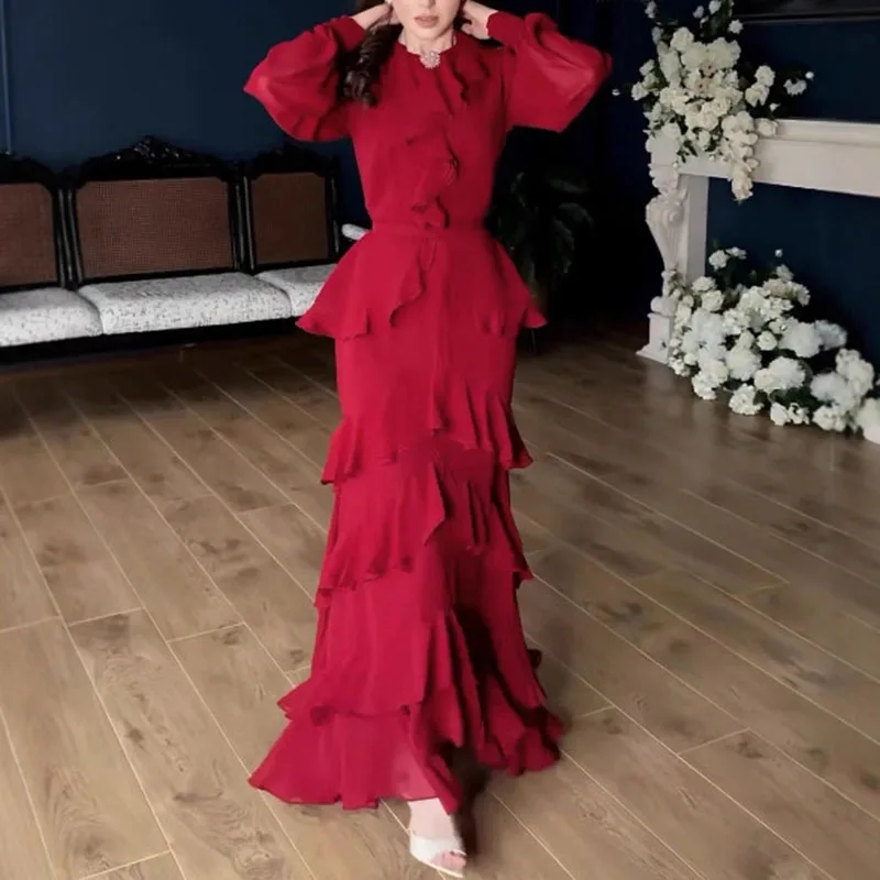 Mode dames herfstjurk met lange mouwen, elegante o-hals, gelaagde ruches, avondjurk, casual effen chiffon, onregelmatige maxi-jurken