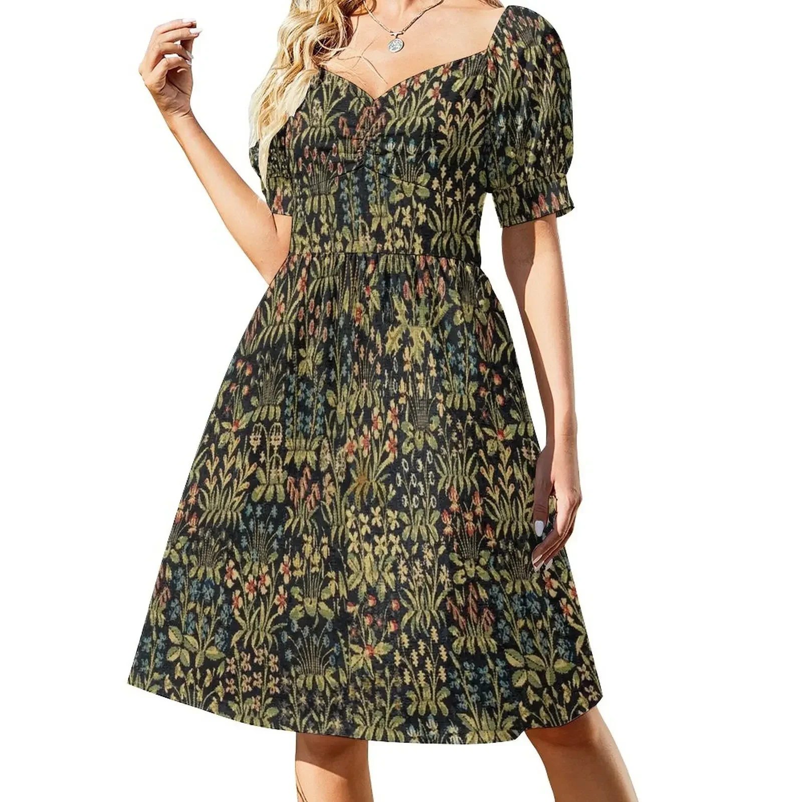 

Medieval Gothic Fantasy Flowers Tapestry Floral Pattern Short-Sleeved Dress Aesthetic clothing cute dress