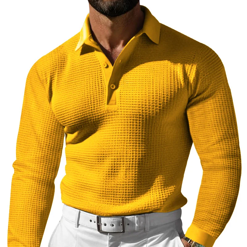 Autumn Men's Casual Long-sleeved Polo Shirt Fashion Solid Color Slim Lapel Button Waffle Golf Pullover Holiday Casual T-shirt