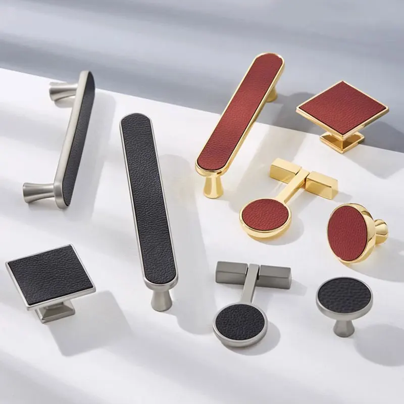 Leather Kitchen Cabinet Handles Drawer Knobs Bright Gold Wardrobe Cupboard Bookcase Pulls Zinc Alloy Furniture Hardware 1 pc
