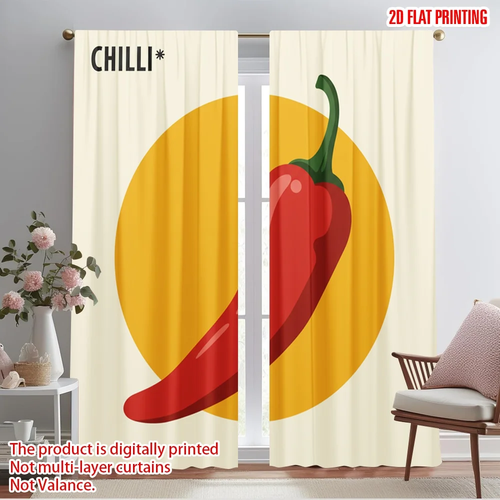 

2pcs 2D flat printing Window Treatment Curtains Red Chilli Yellow Sun Polyester Without Electricity Festive Holiday Use for gold