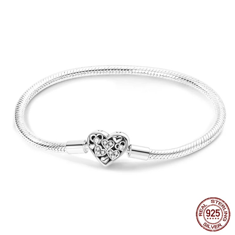 Armband Silber 925, Original 17–20 cm, Stern, Mond, Sonne, vierblättriges Kleeblatt, grüner Zirkon, Armbänder, passend für DIY-Charms, Geburtstag, Schmuck, Geschenke