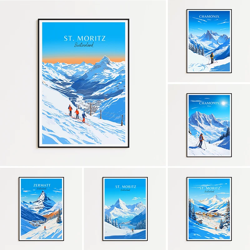 Travel Poster USA Switzerland Aspen Ski St. Moritz Ski Canvas printing For Home Living Room wall art decoration hanging painting