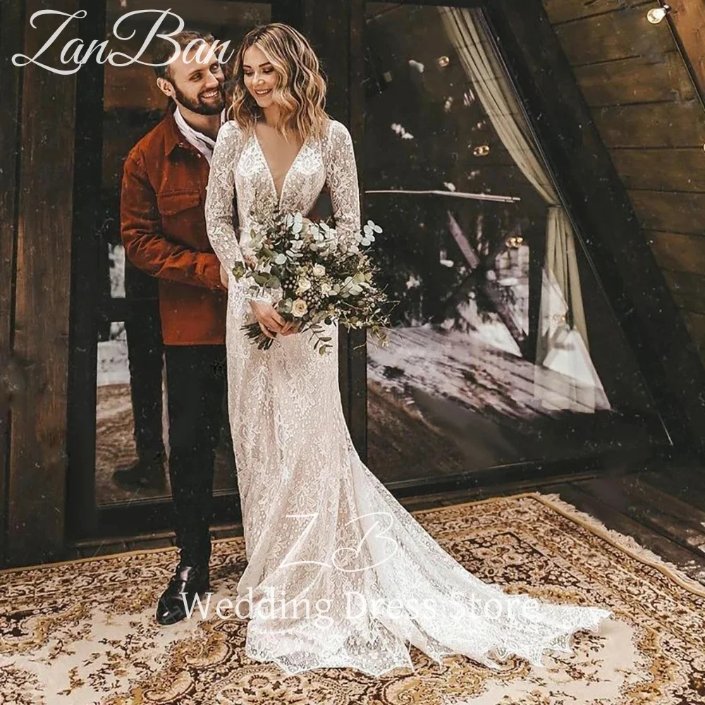 ZanBan Maßgeschneidertes Boho-Hochzeitskleid mit langen Ärmeln, floraler Spitze und V-Ausschnitt, tiefer V-Ausschnitt, offener Rücken, bescheidenes, rustikales Zivil-Brautkleid 2025